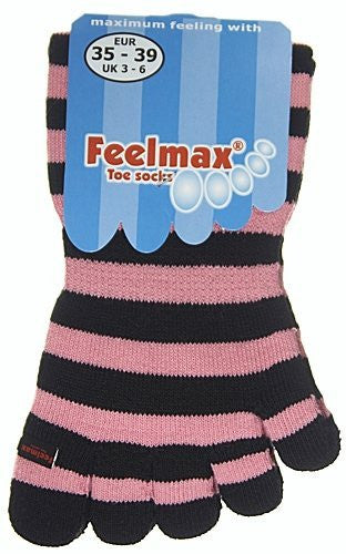 Feelmax Toe Socks Basic Cotton Black/Pink Stripe Ladies' Shoe Size 8.5 - 11