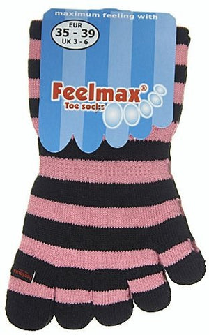Feelmax Toe Socks Basic Cotton Black/Pink Stripe Ladies' Shoe Size 8.5 - 11